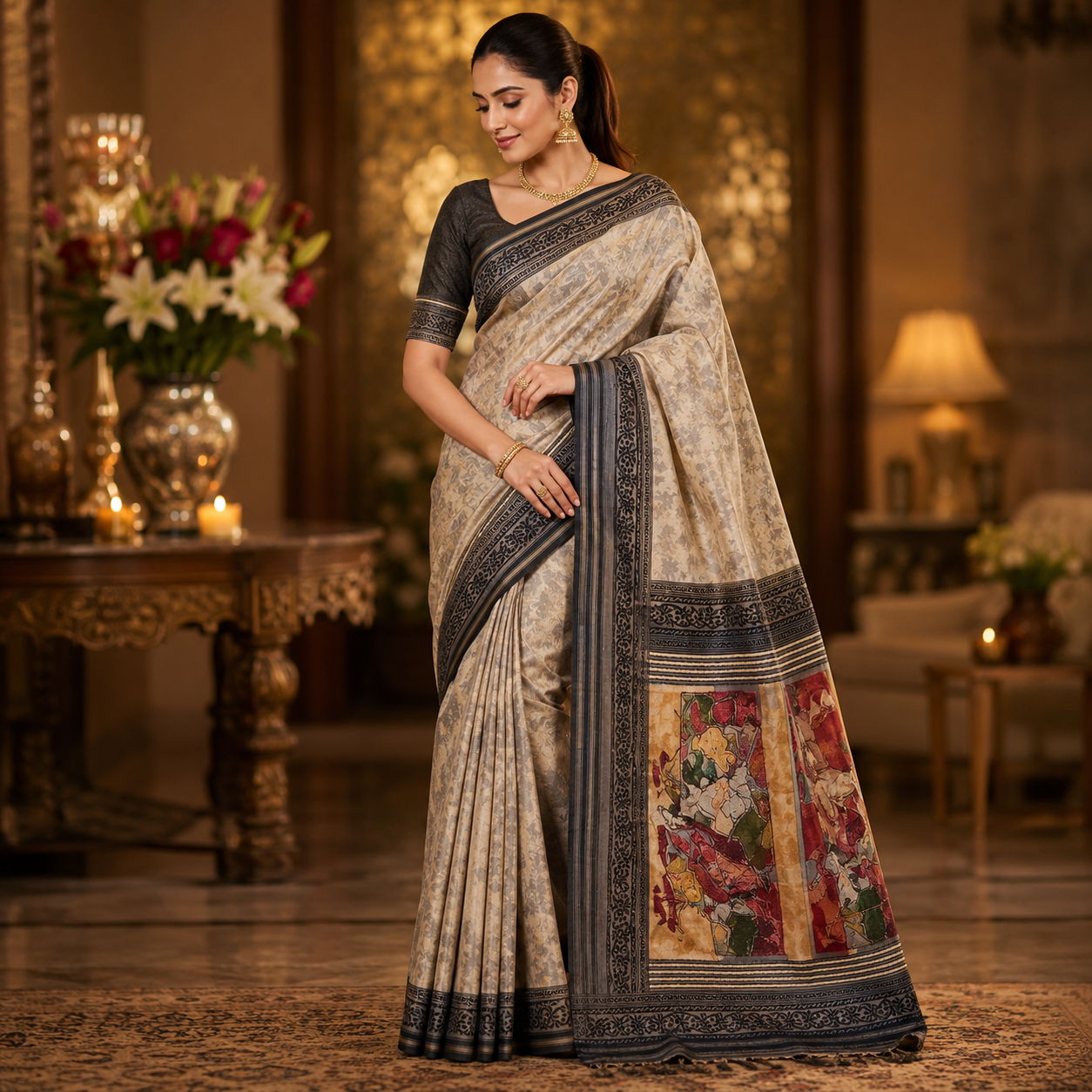 Ehsaas - Black & Grey Abstract Maheshwari Silk