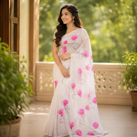 Vayu- Mulmul White Lotus Handpaint