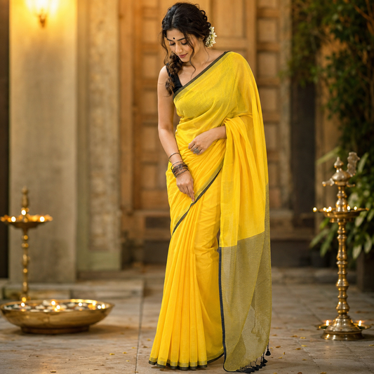 Vayu- Mulmul Plain yellow with Zari Pallu