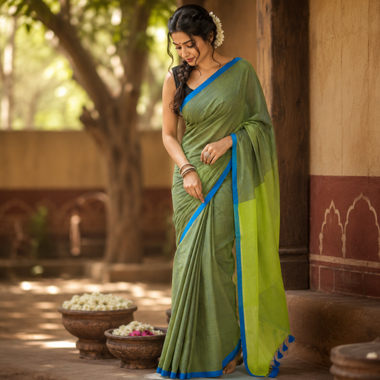 Vayu- Mulmul Plain Parrot Green with Zari Pallu