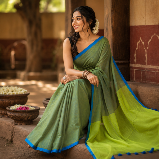 Vayu- Mulmul Plain Parrot Green with Zari Pallu