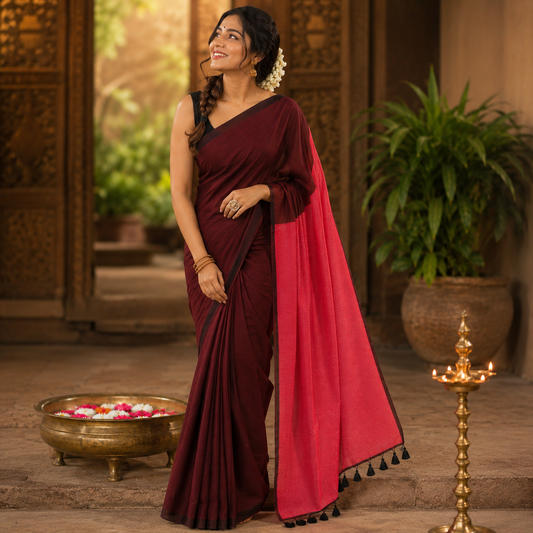 Vayu- Mulmul Plain Red with Zari Pallu