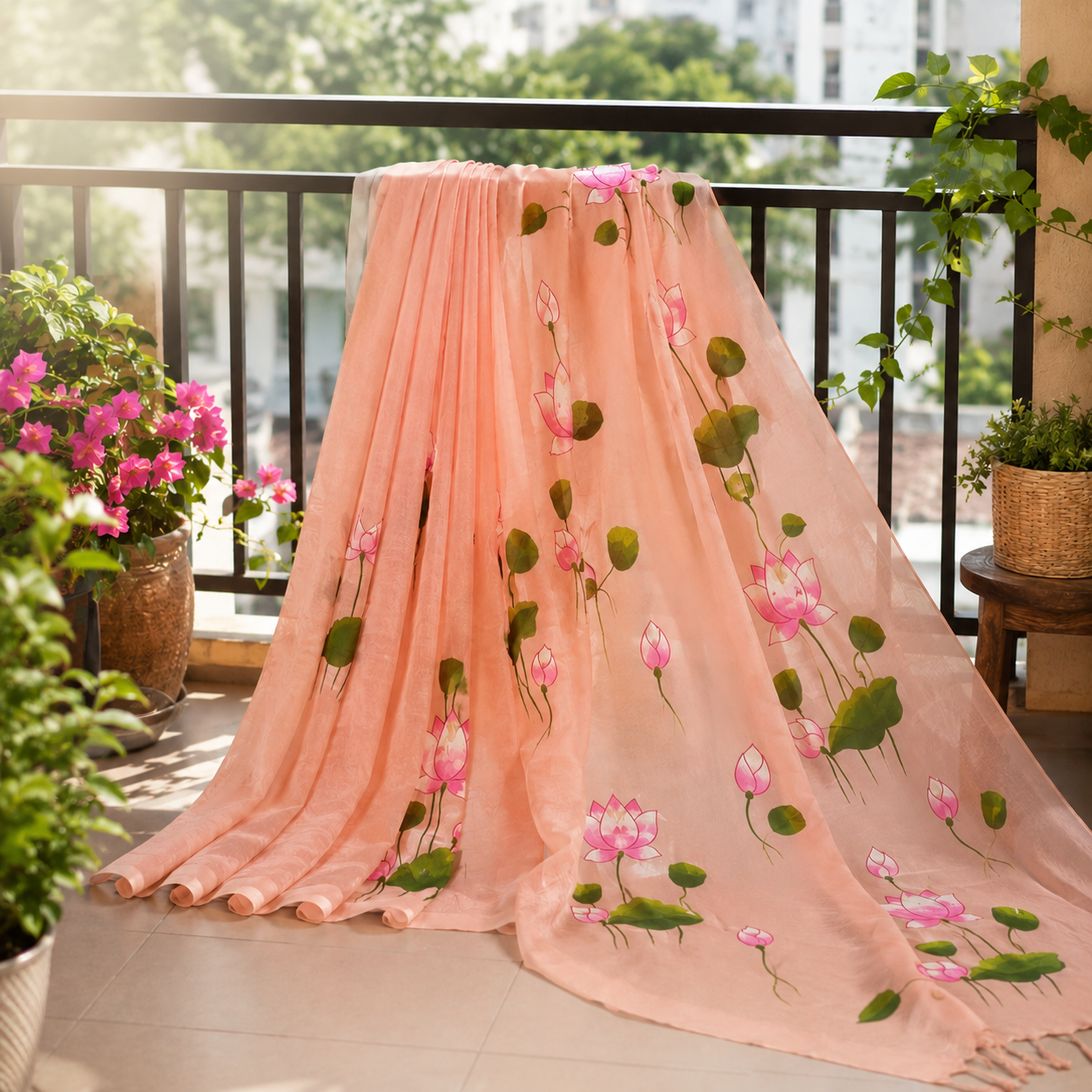 Vayu- Mulmul Peach Lotus Handpaint
