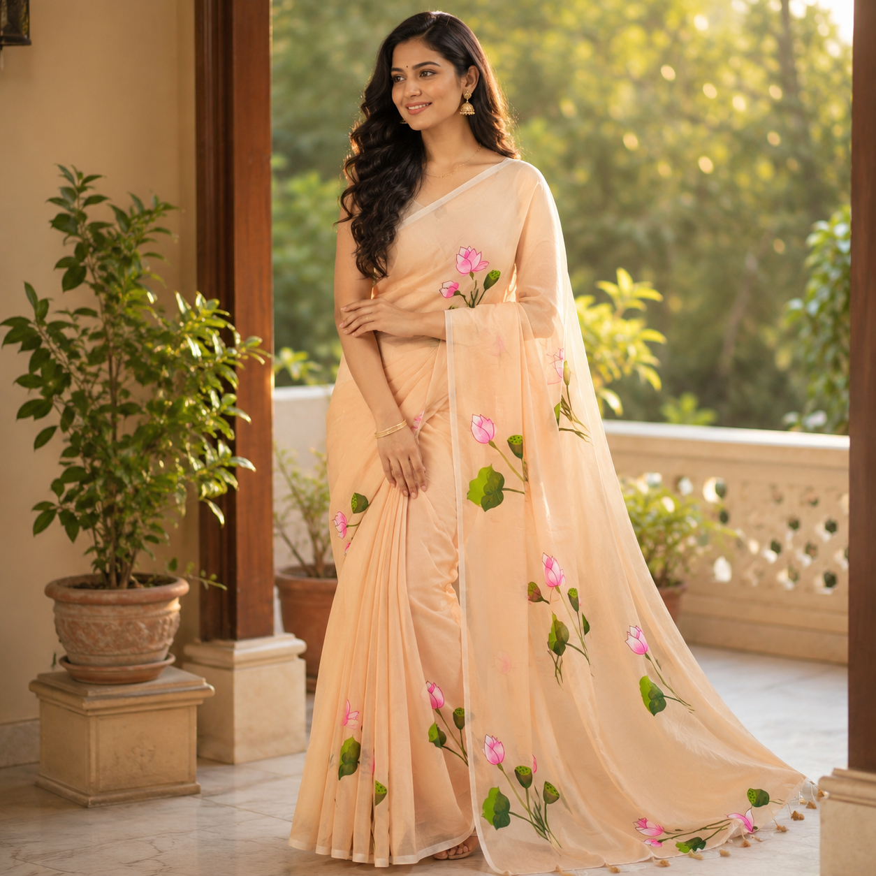 Vayu- Mulmul Pastel Yellow Lotus Handpaint