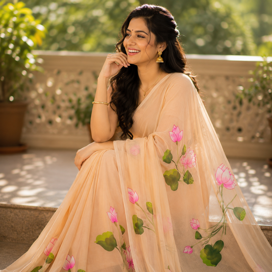Vayu- Mulmul Pastel Yellow Lotus Handpaint
