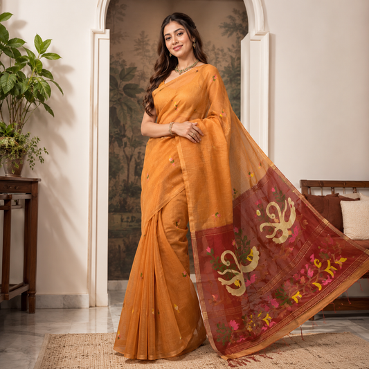 Premium- Rust Orange Silk Linen Jamdaani Swan