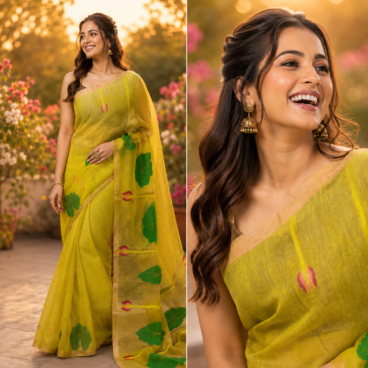 Premium- Green Silk Linen Jamdaani Lotus