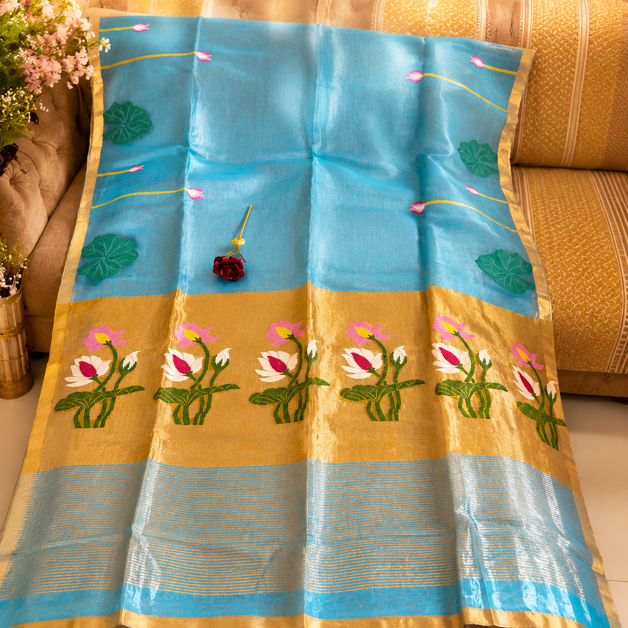 Premium- Blue Silk Linen Jamdaani Lotus