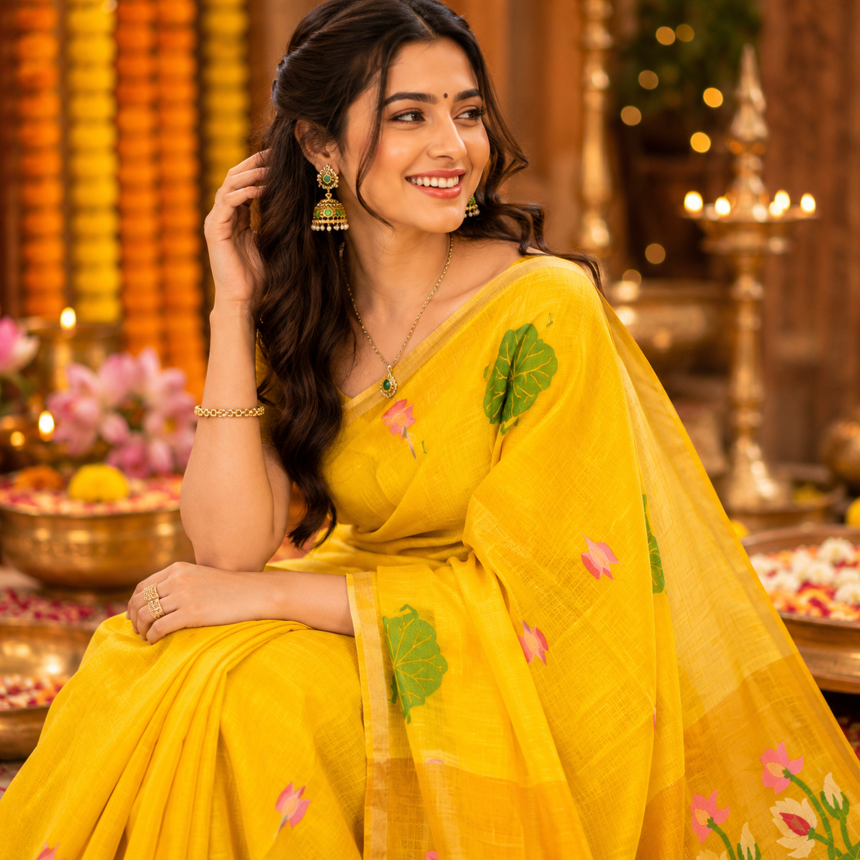 Premium- Yellow Silk Linen Jamdaani Lotus