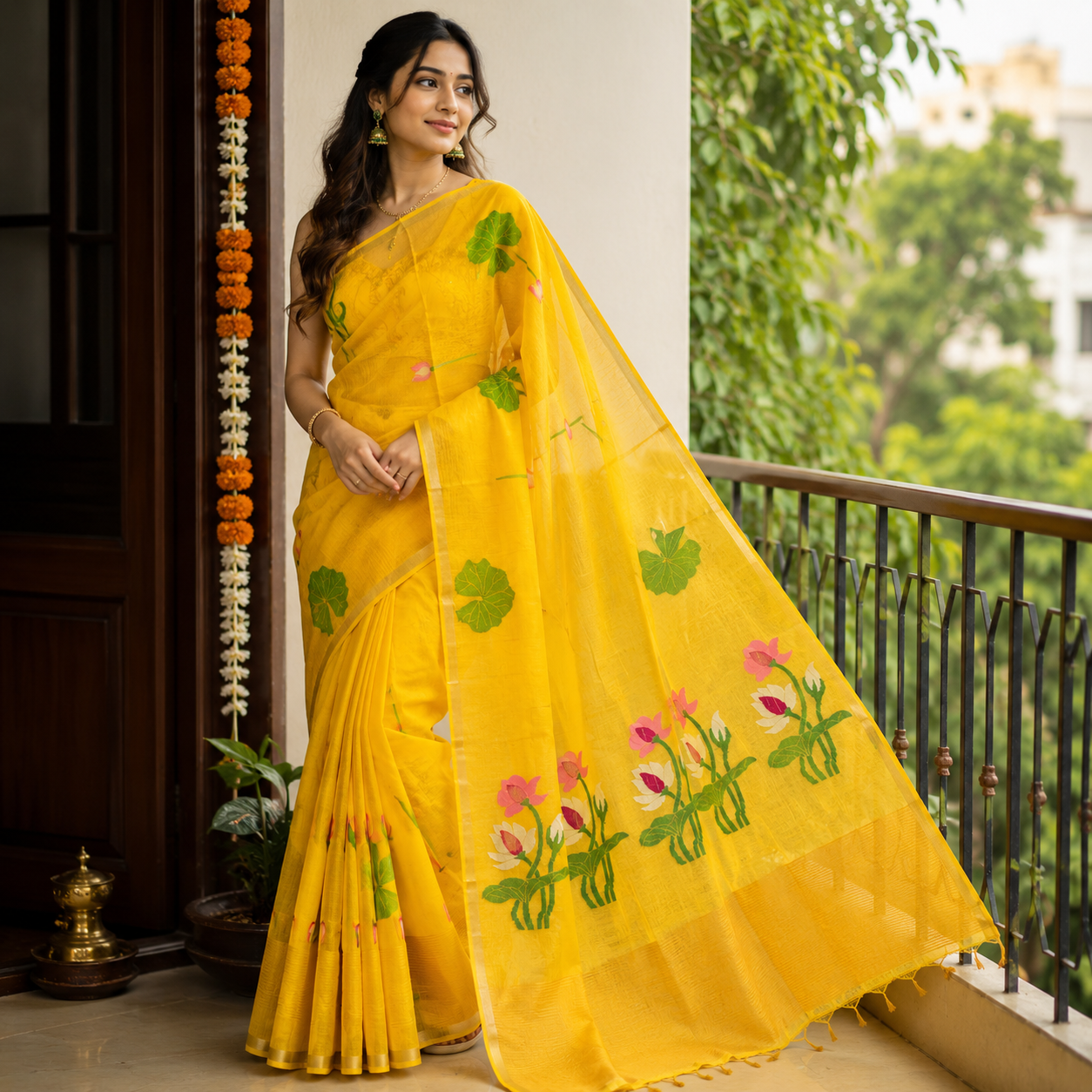 Premium- Yellow Silk Linen Jamdaani Lotus