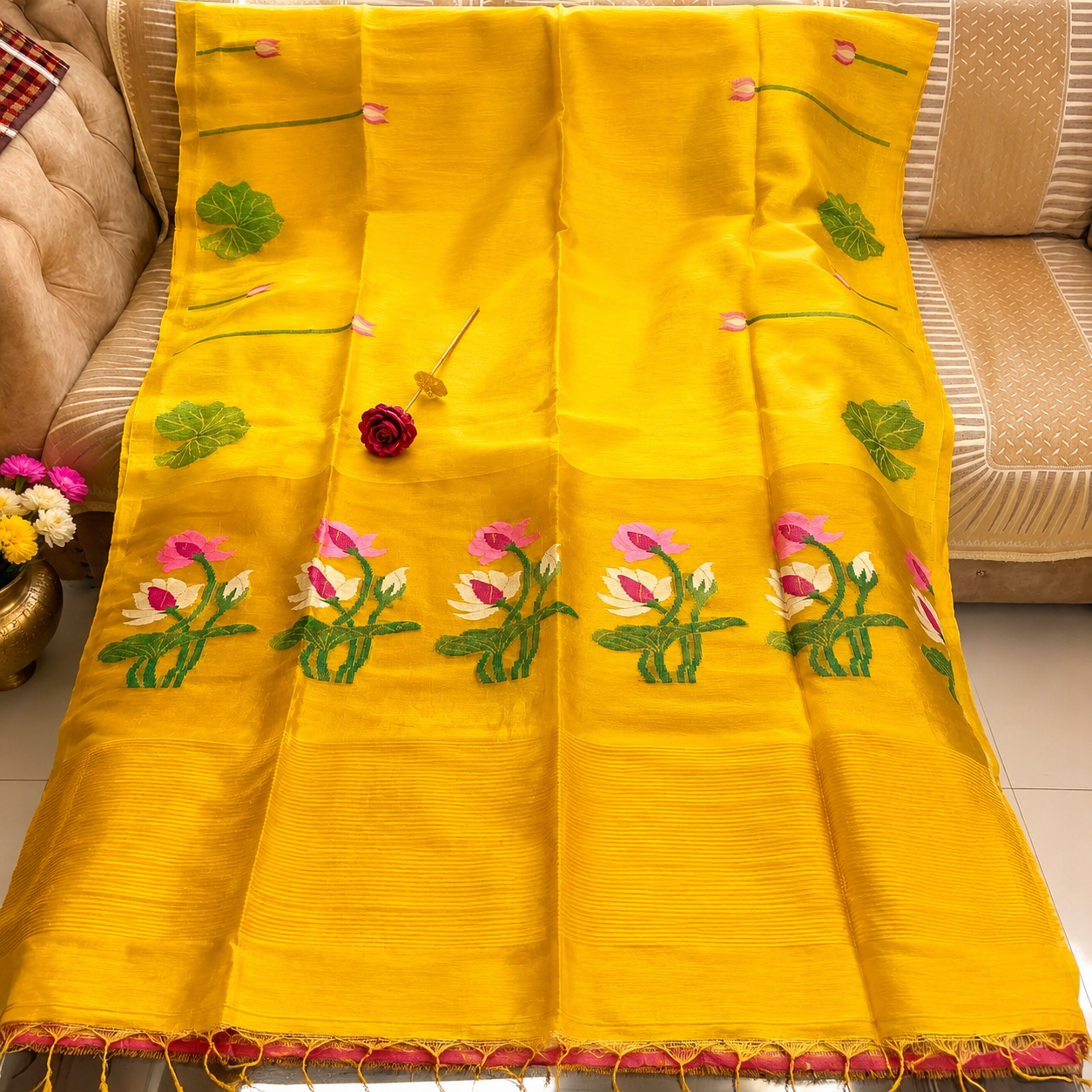 Premium- Yellow Silk Linen Jamdaani Lotus