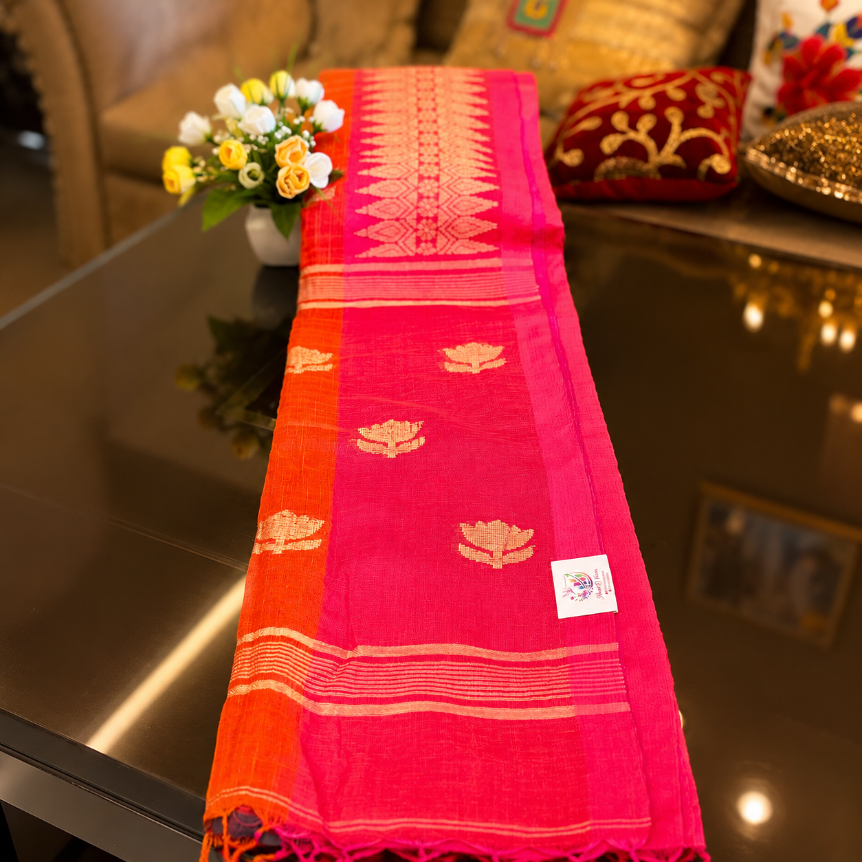 Ehsaas- Linen Orange and Pink Zari