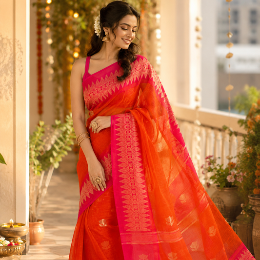 Ehsaas- Linen Orange and Pink Zari