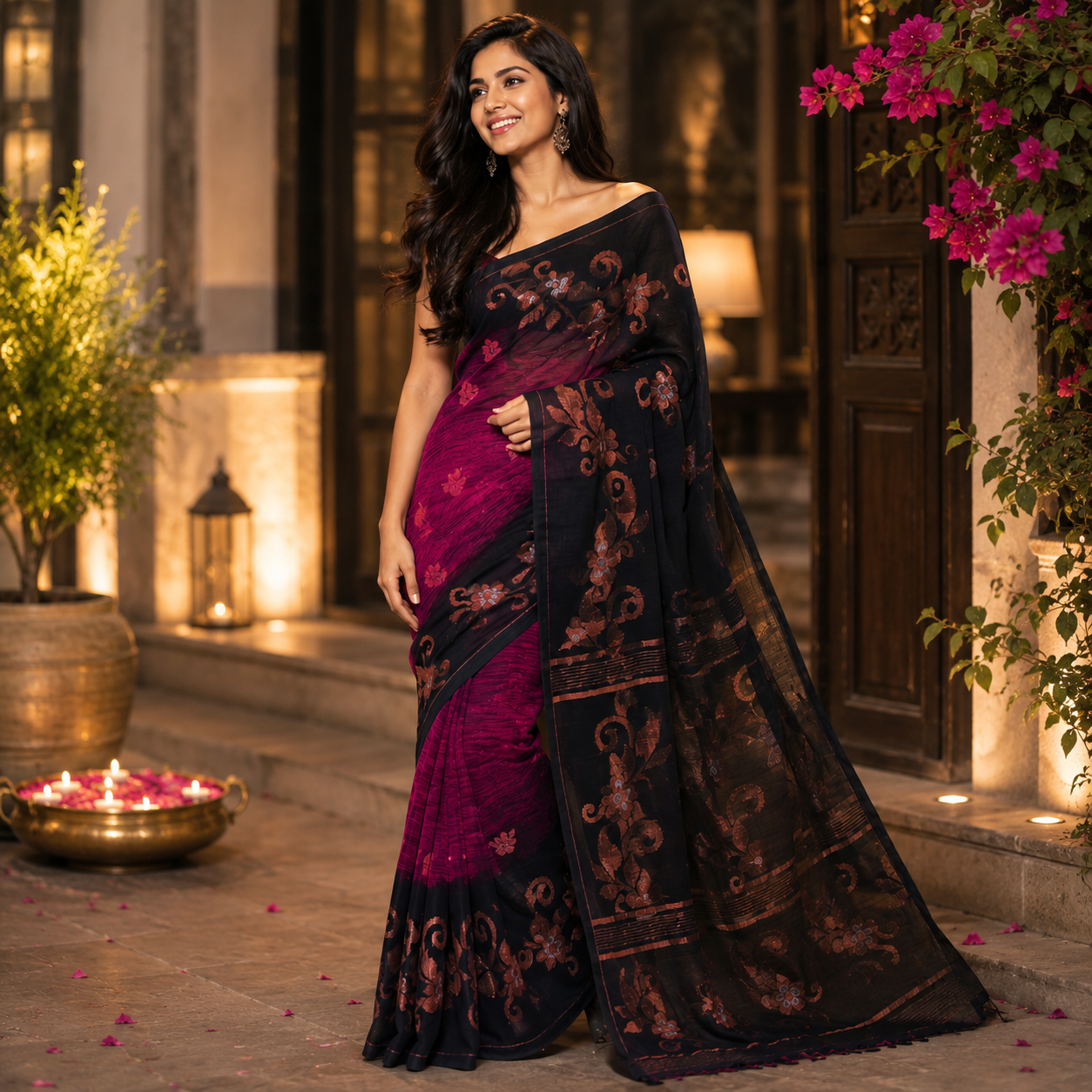 Ehsaas- Purple & Black Linen flowers with copper zari