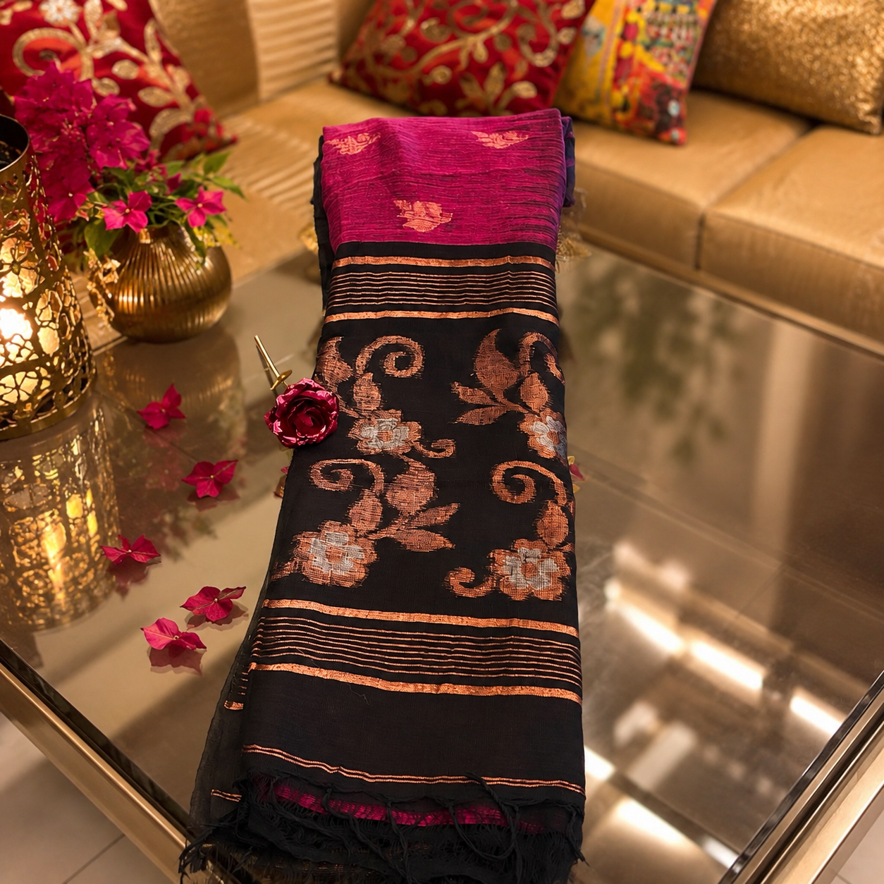 Ehsaas- Purple & Black Linen flowers with copper zari