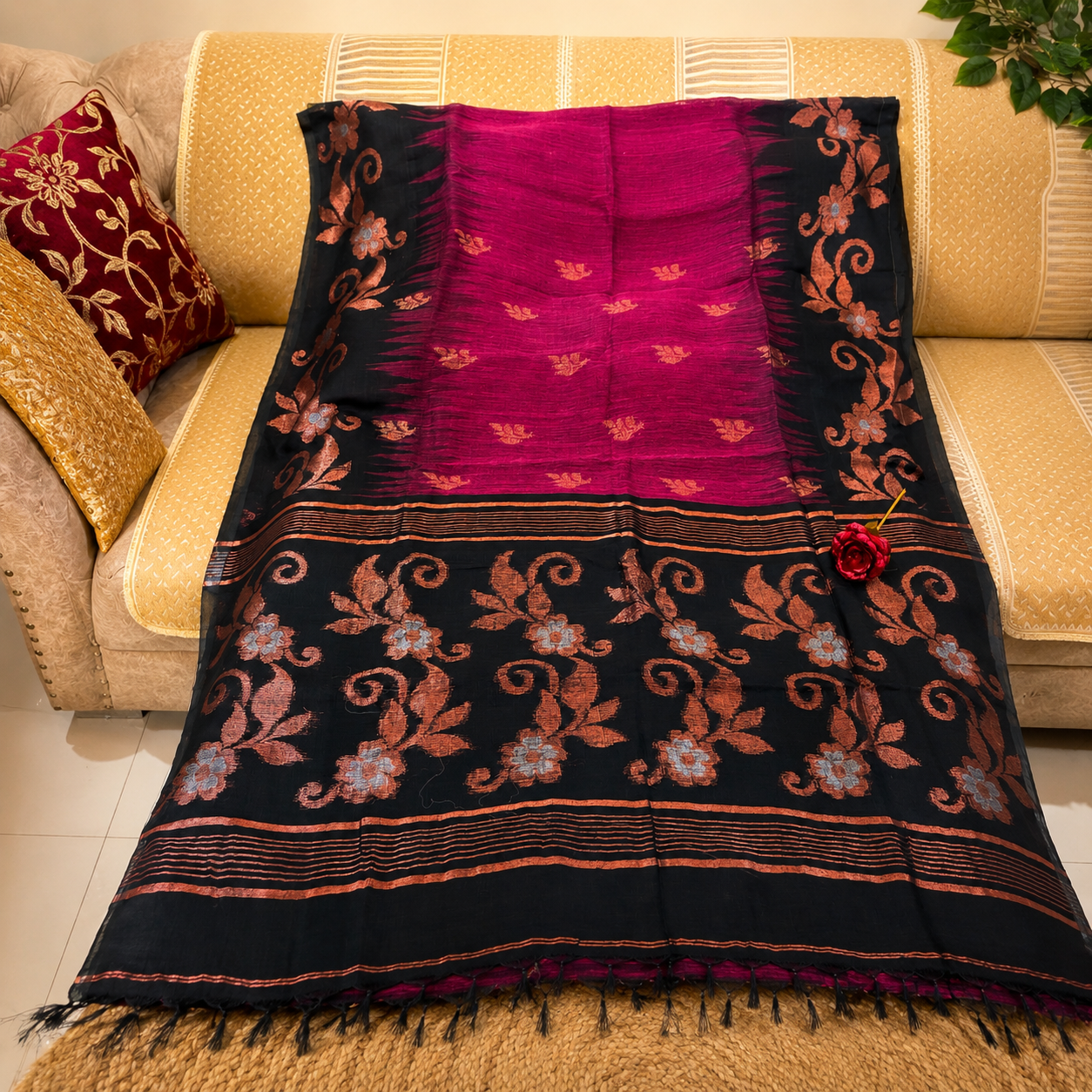 Ehsaas- Purple & Black Linen flowers with copper zari