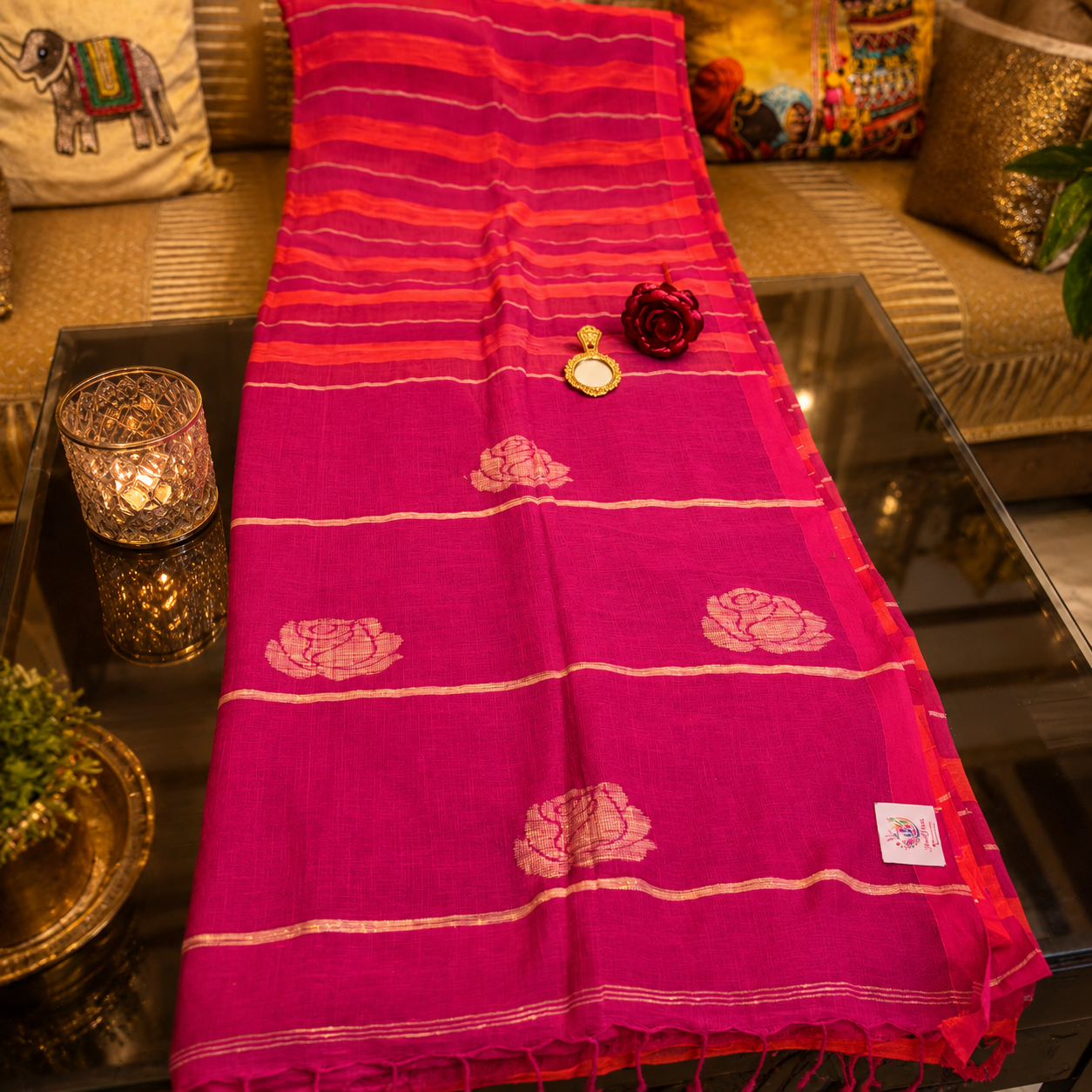 Ehsaas- Orange and pink linen with rose butta in pallu