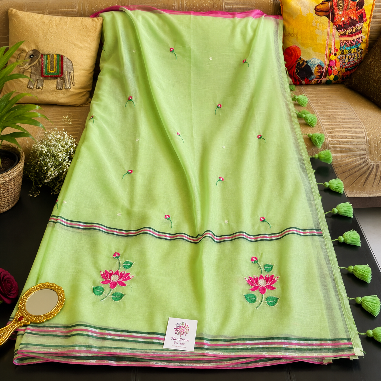 Vayu- Pearl & mirror Pista Green mulmul with Lotus embroidery