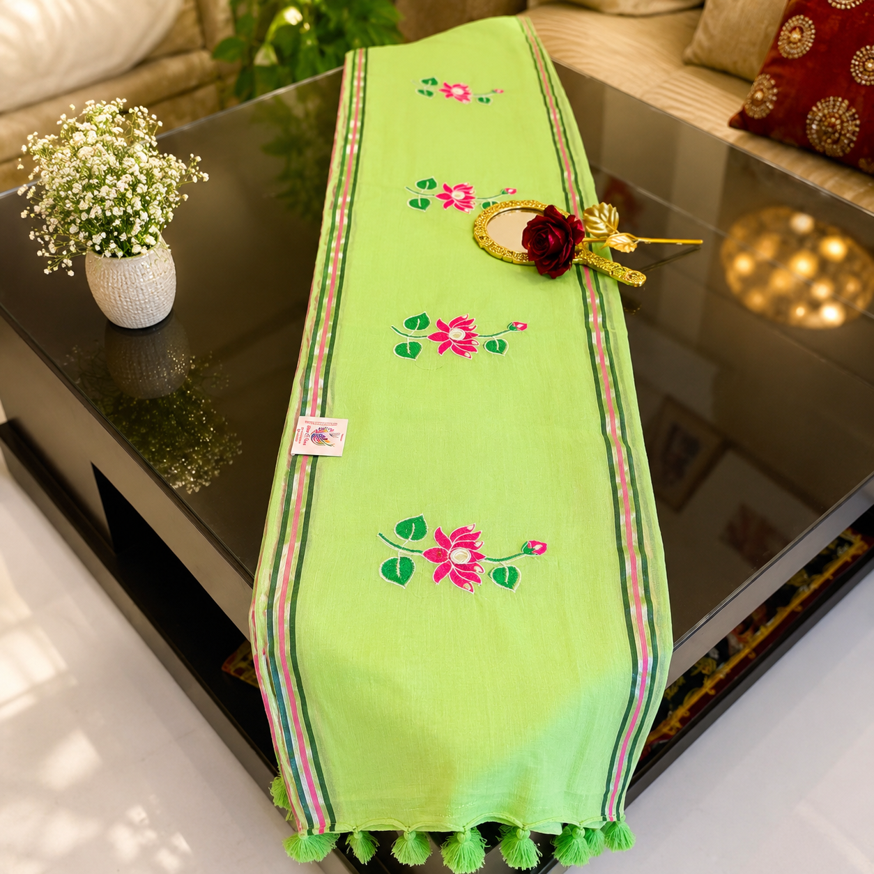 Vayu- Pearl & mirror Pista Green mulmul with Lotus embroidery