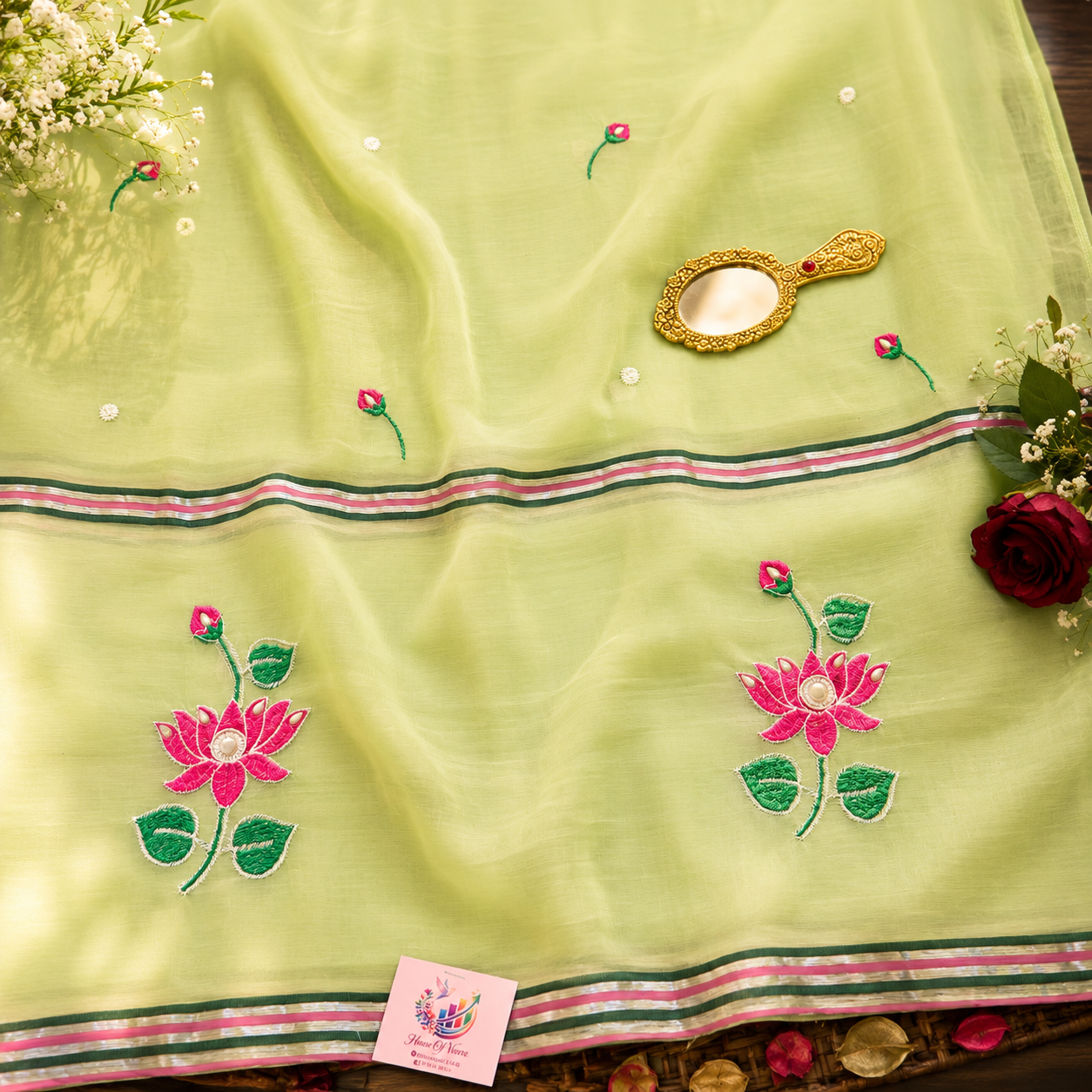 Vayu- Pearl & mirror Pista Green mulmul with Lotus embroidery