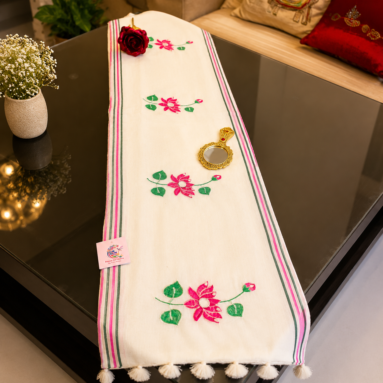 Vayu- Pearl & mirror White mulmul with Lotus embroidery