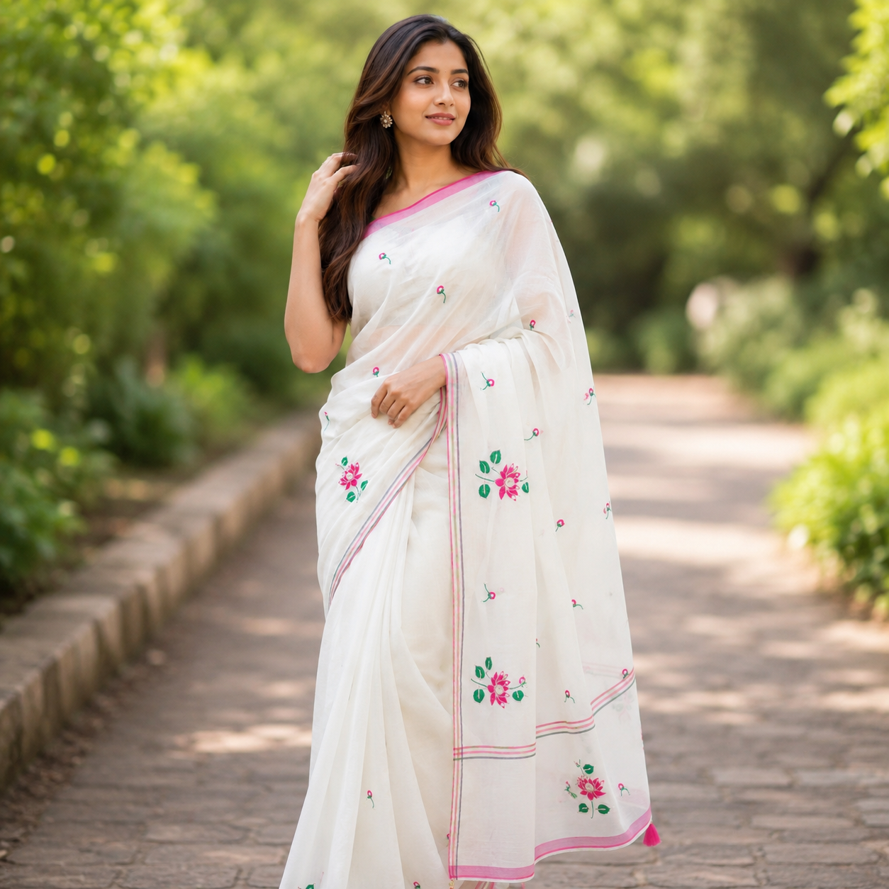 Vayu- Pearl & mirror White mulmul with Lotus embroidery