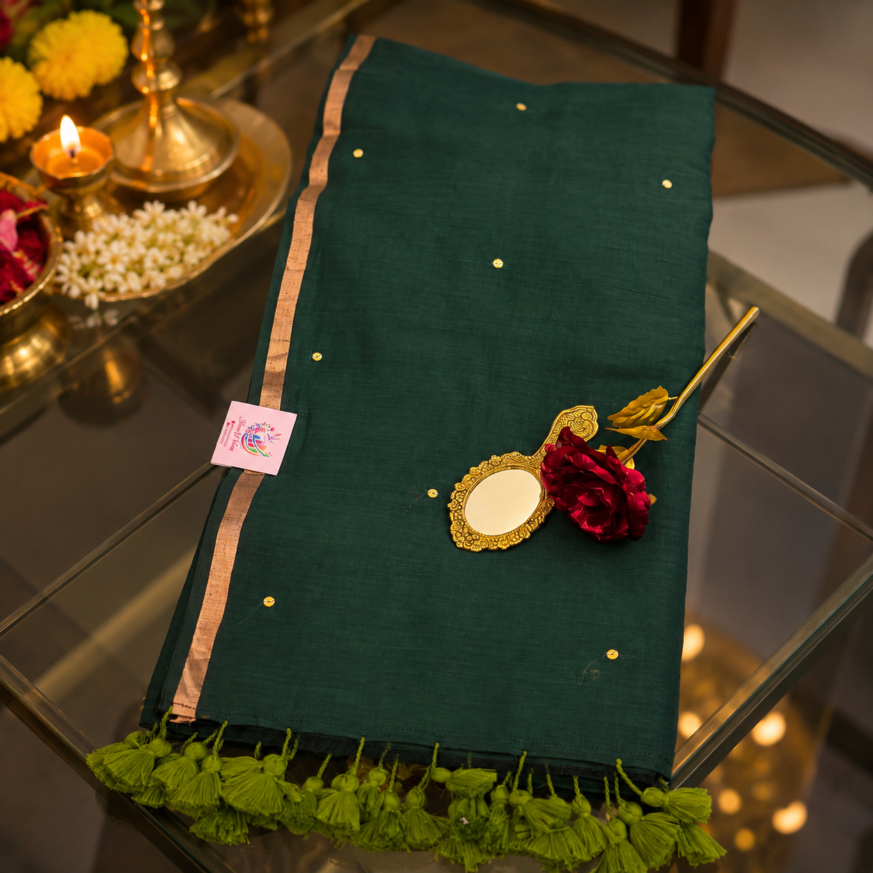 Vayu- Bottle Green Mulmul with small Ginni & zari border