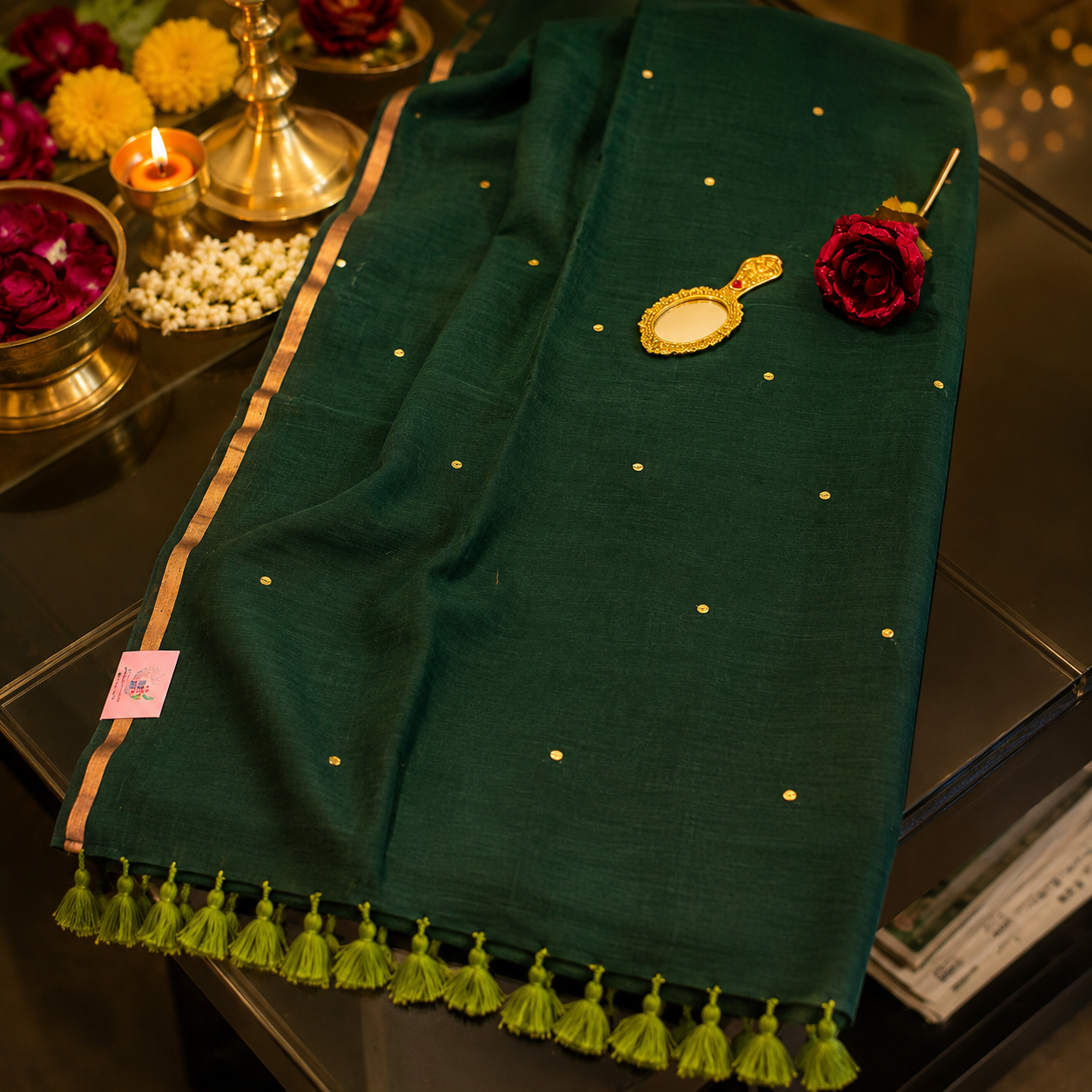 Vayu- Bottle Green Mulmul with small Ginni & zari border