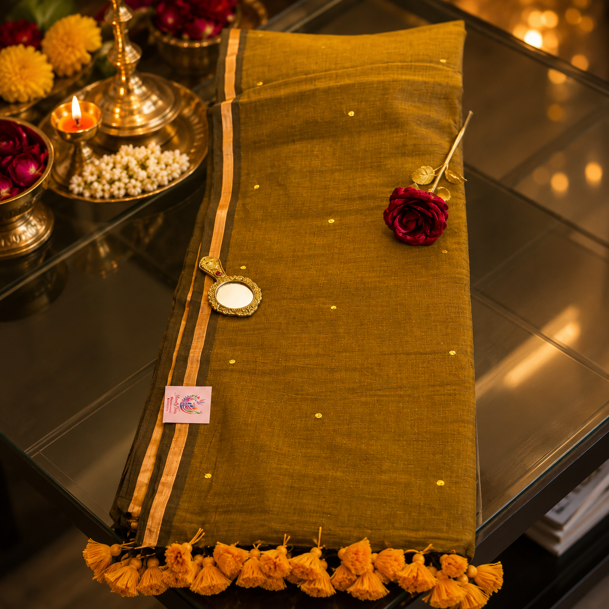 Vayu- Golden Mulmul with small Ginni & zari border