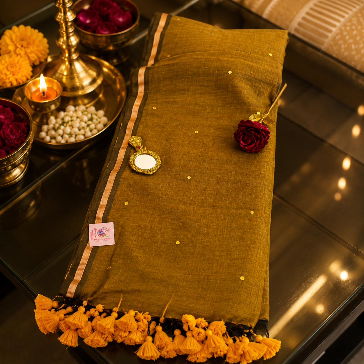Vayu- Golden Mulmul with small Ginni & zari border