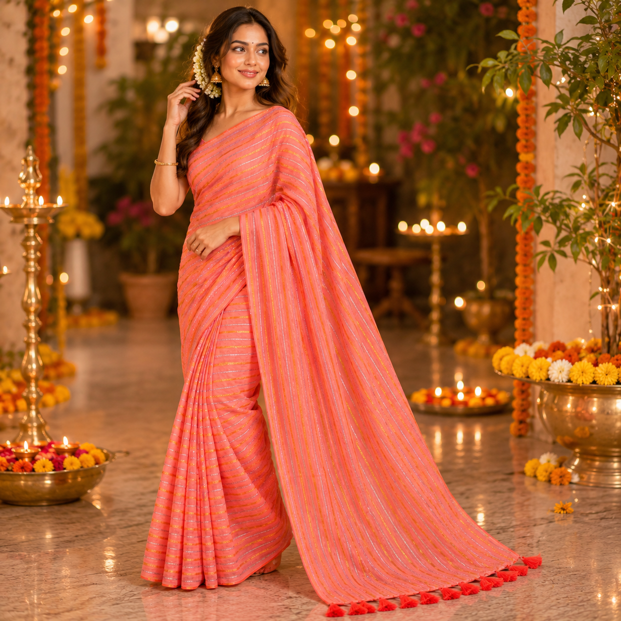 Vayu- Orange gold & silver zari lining