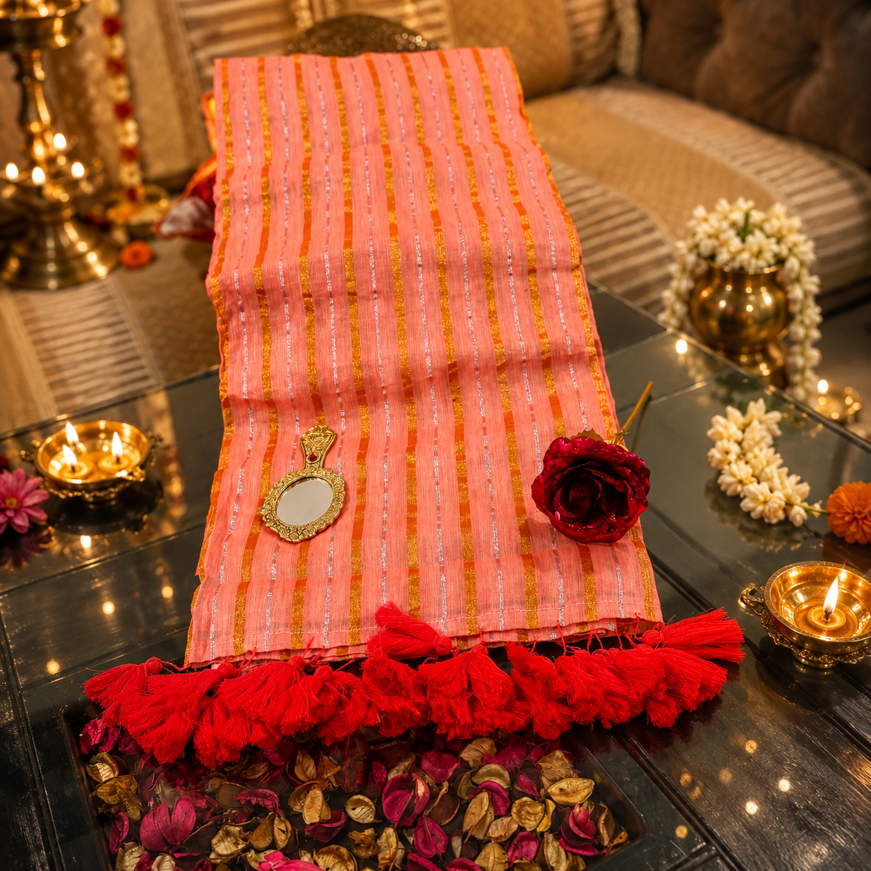 Vayu- Orange gold & silver zari lining