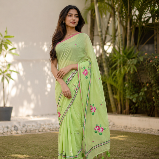 Vayu- Pearl & mirror Pista Green mulmul with Lotus embroidery