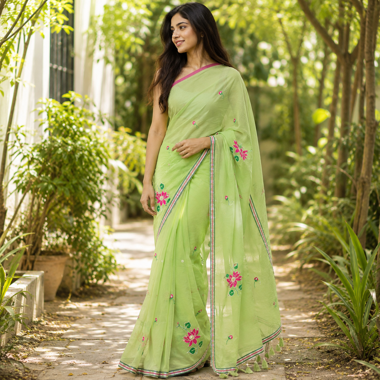 Vayu- Pearl & mirror Pista Green mulmul with Lotus embroidery