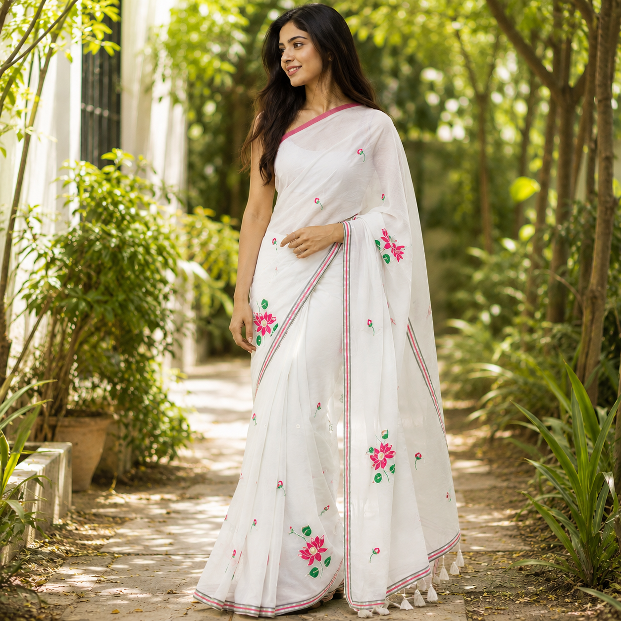 Vayu- Pearl & mirror White mulmul with Lotus embroidery
