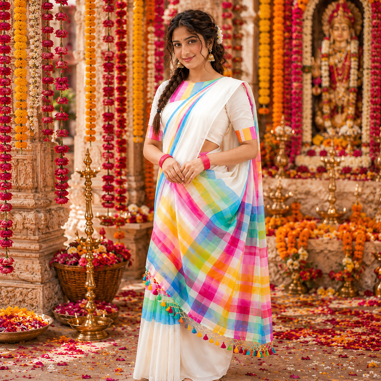 Vayu -Handwoven Rainbow White Mul
