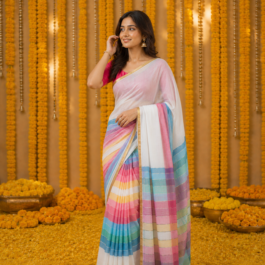 Vayu -Handwoven Rainbow White Mul