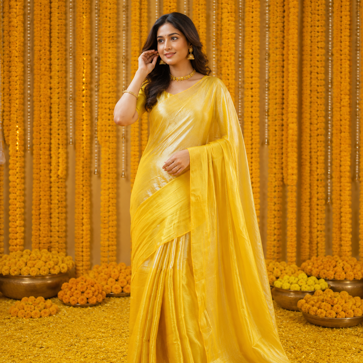 Midnight Festive Yellow Half & Half Tissue Saree