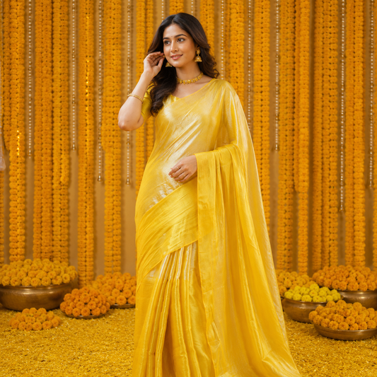 Midnight Festive Yellow Half & Half Tissue Saree