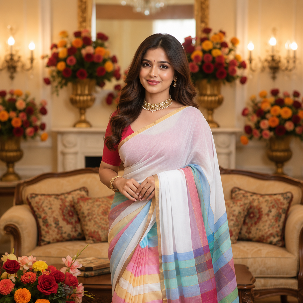 Vayu -Handwoven Rainbow White Mul