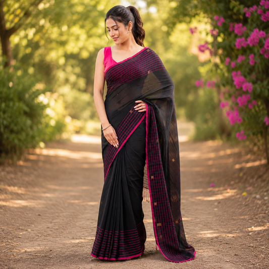 Vayu - Black Handwoven Mul Checkered