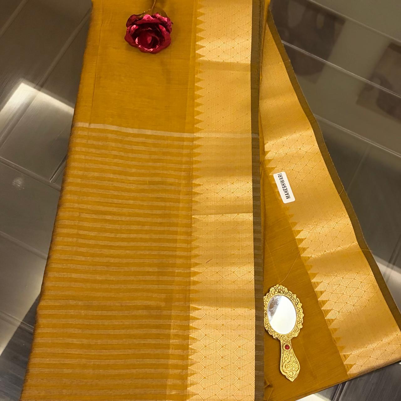 Ehsaas - Mustard Maheshwari Silk With Temple Zari Border