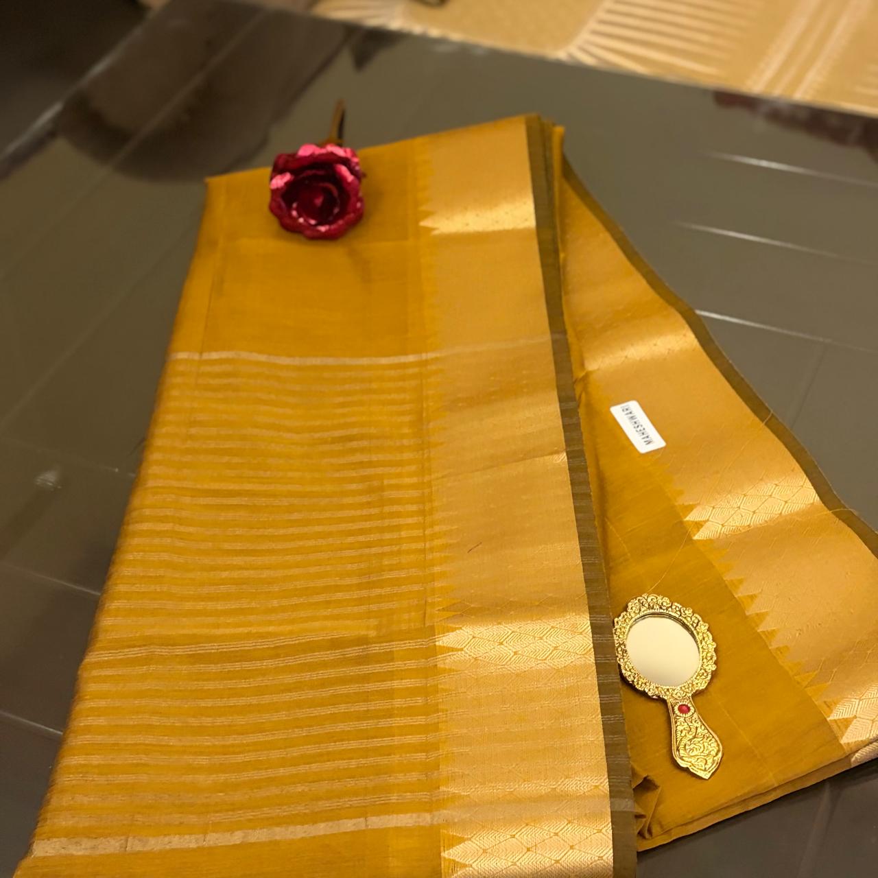 Ehsaas - Mustard Maheshwari Silk With Temple Zari Border