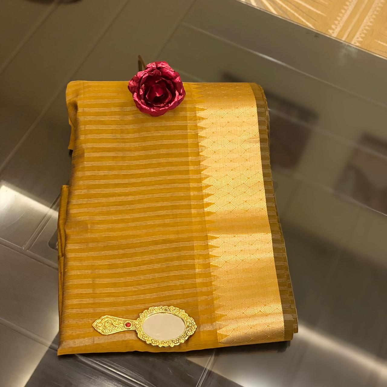 Ehsaas - Mustard Maheshwari Silk With Temple Zari Border