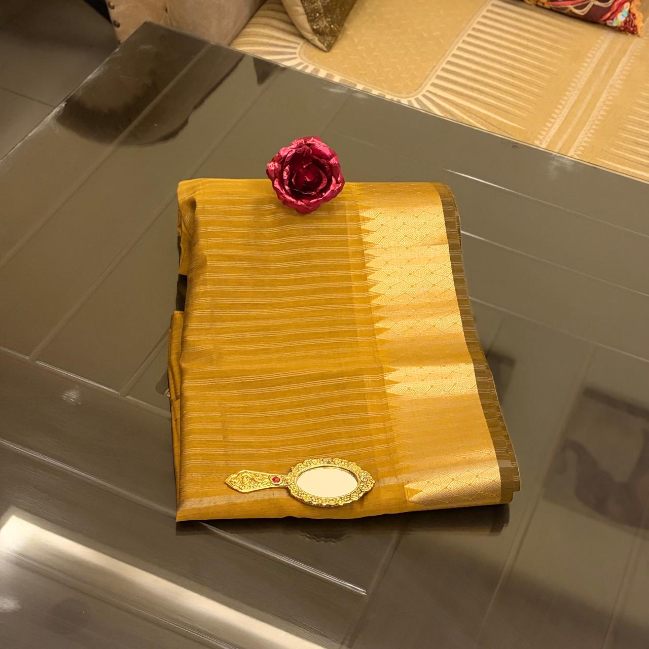 Ehsaas - Mustard Maheshwari Silk With Temple Zari Border
