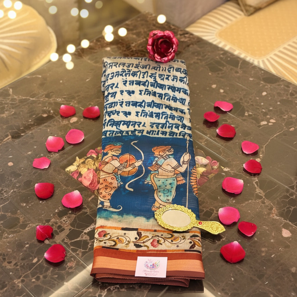 Ehsaas - Darbari Blue Scripted Maheshwari Silk