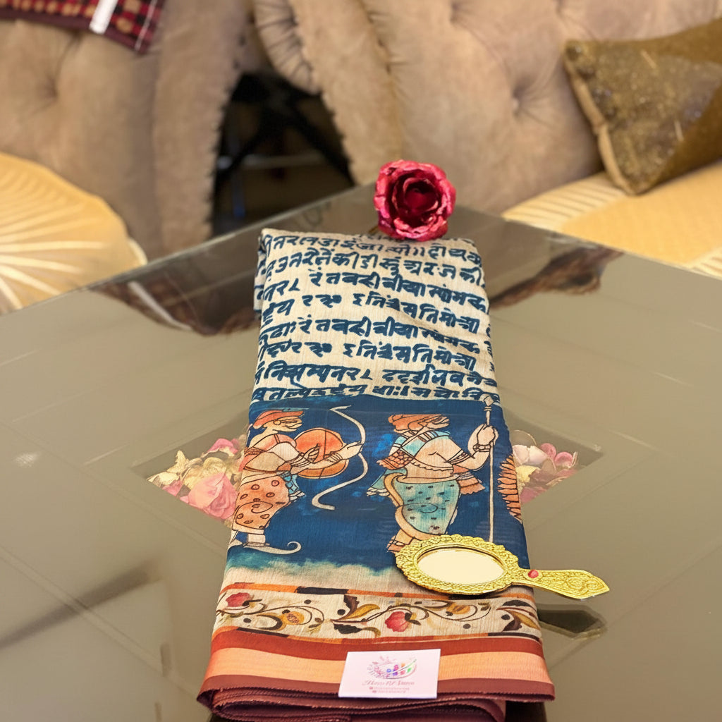 Ehsaas - Darbari Blue Scripted Maheshwari Silk
