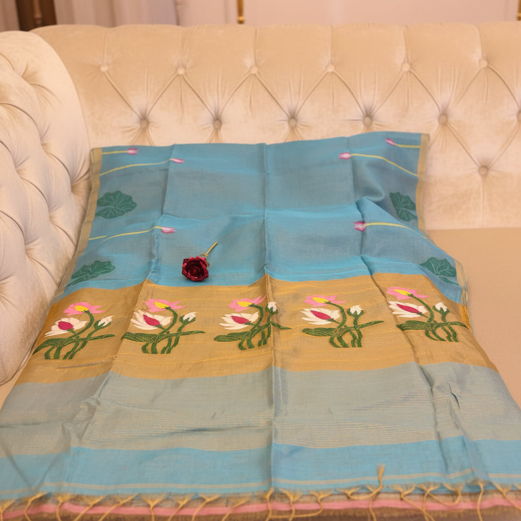 Premium- Blue Silk Linen Jamdaani Lotus