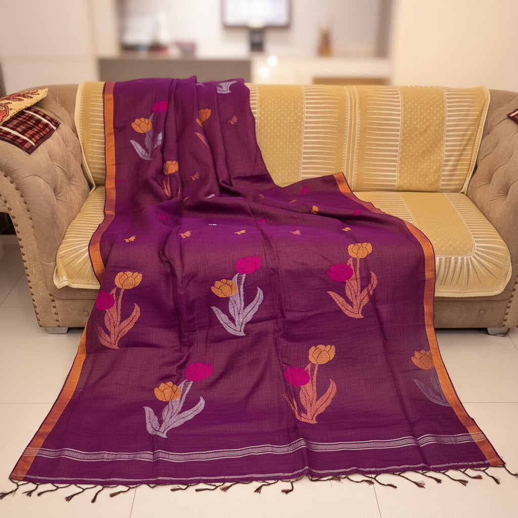 Ehsaas- Purple Linen zari and thread Tulip motiff