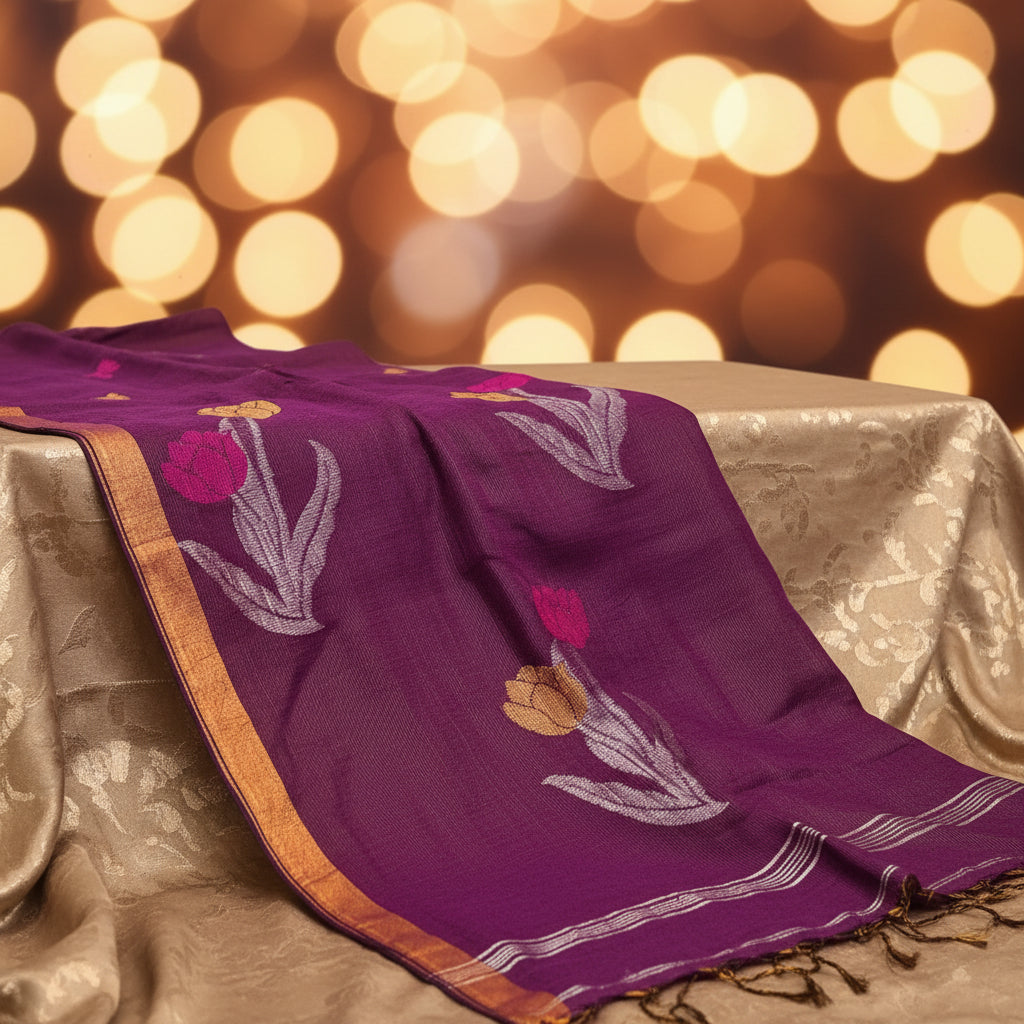 Ehsaas- Purple Linen zari and thread Tulip motiff